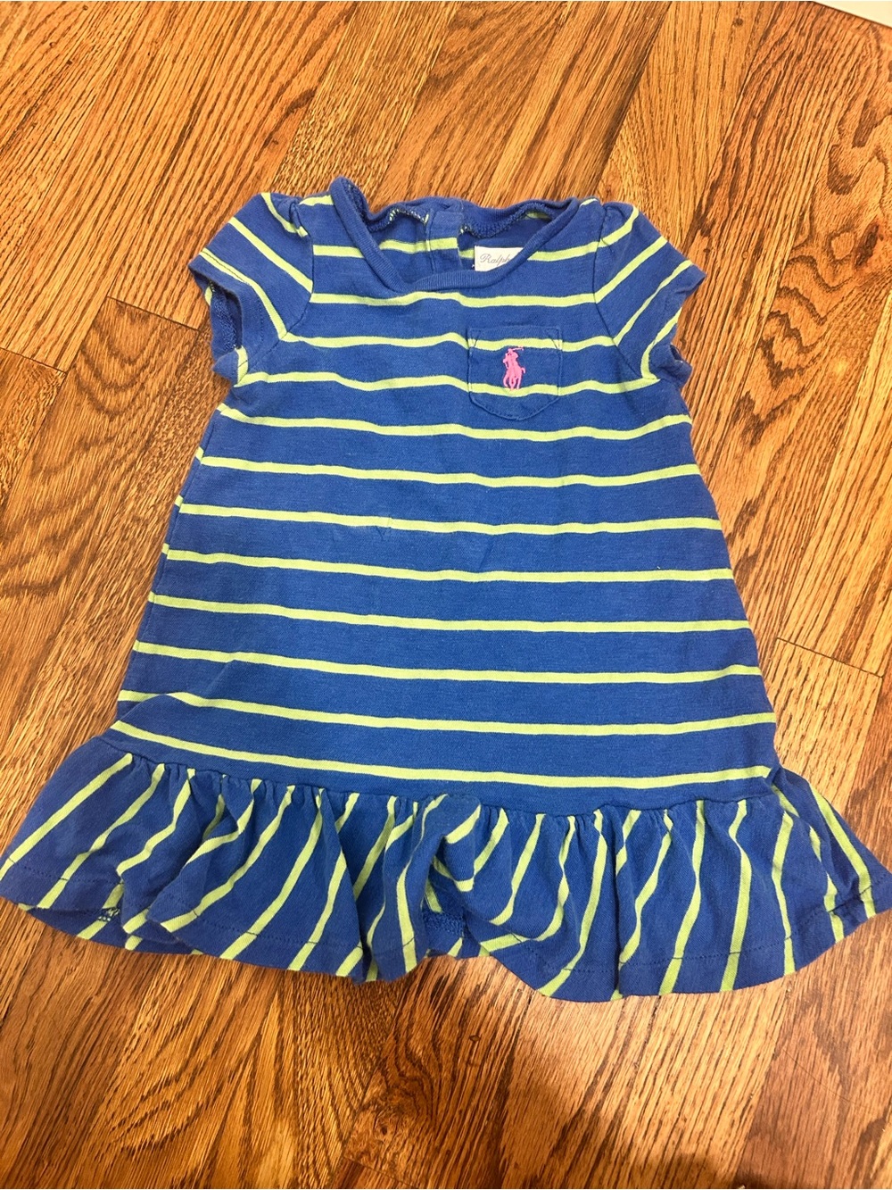Polo Ralph Lauren Baby Blue Green Striped Ruffle Hem Cotton Dress Size 6 Months